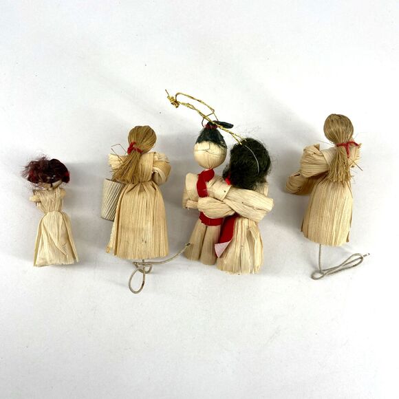 Lot of 4  Vtg Retro Christmas Tree Ornaments 3" Corn Husk Country Girls Cottage - Picture 2 of 7